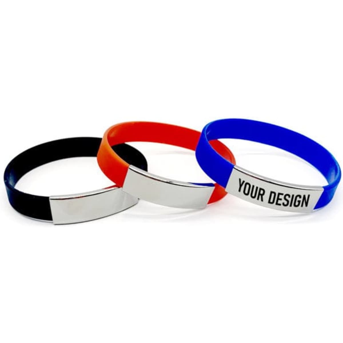 Three silicone wristbands in black, orange, and blue, each featuring a metallic panel and a logo.
