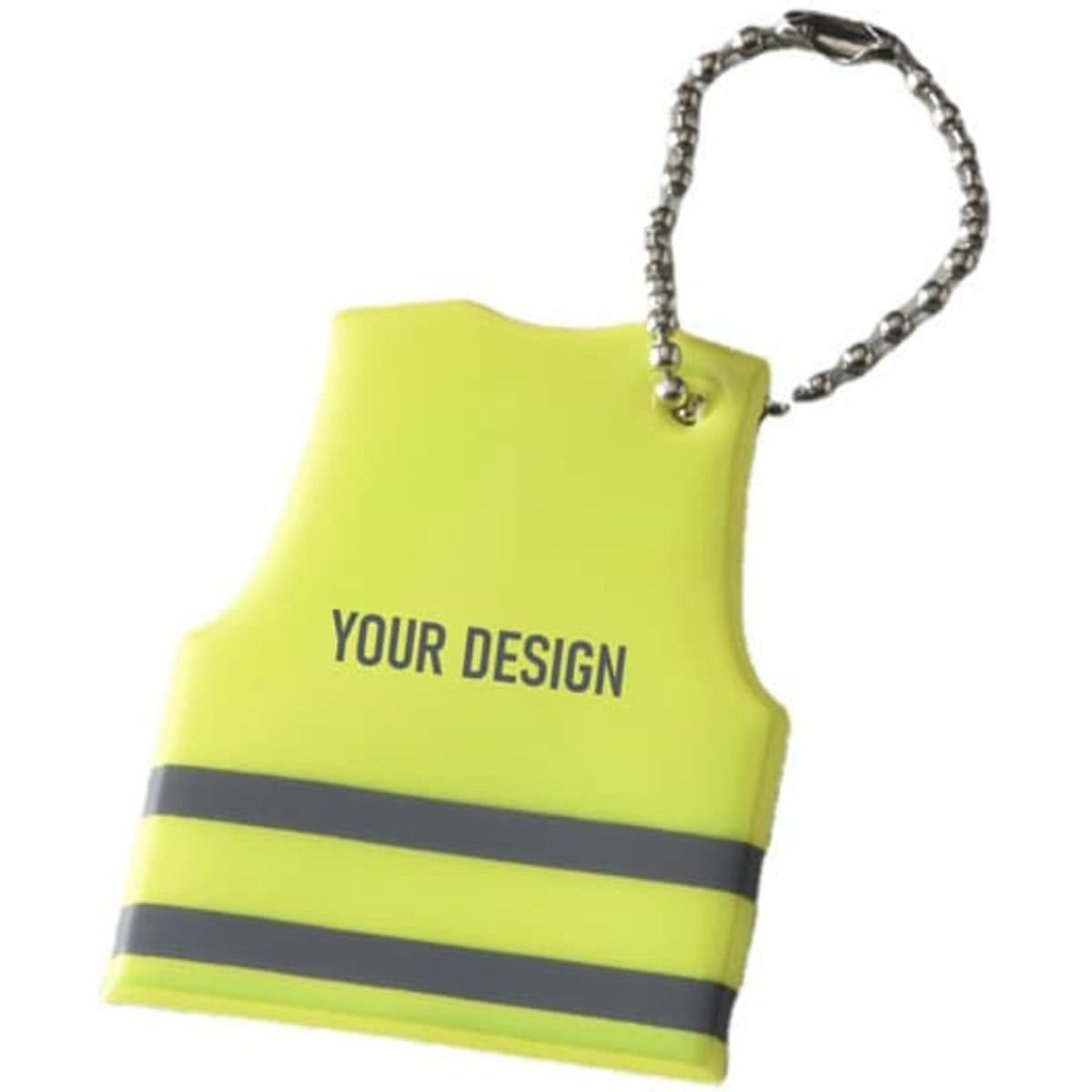 A mini reflective vest keychain in bright yellow with grey stripes and an attached chain. Features space for custom design.