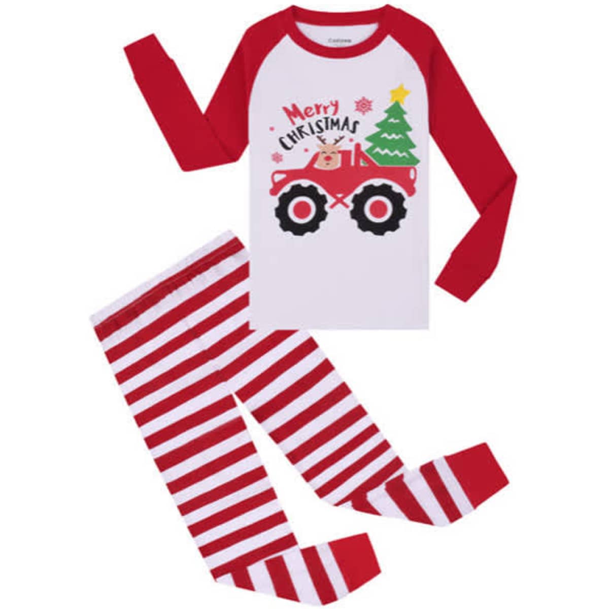 A red and white personalised long sleeve pajama set featuring a Christmas truck design, with striped pants.