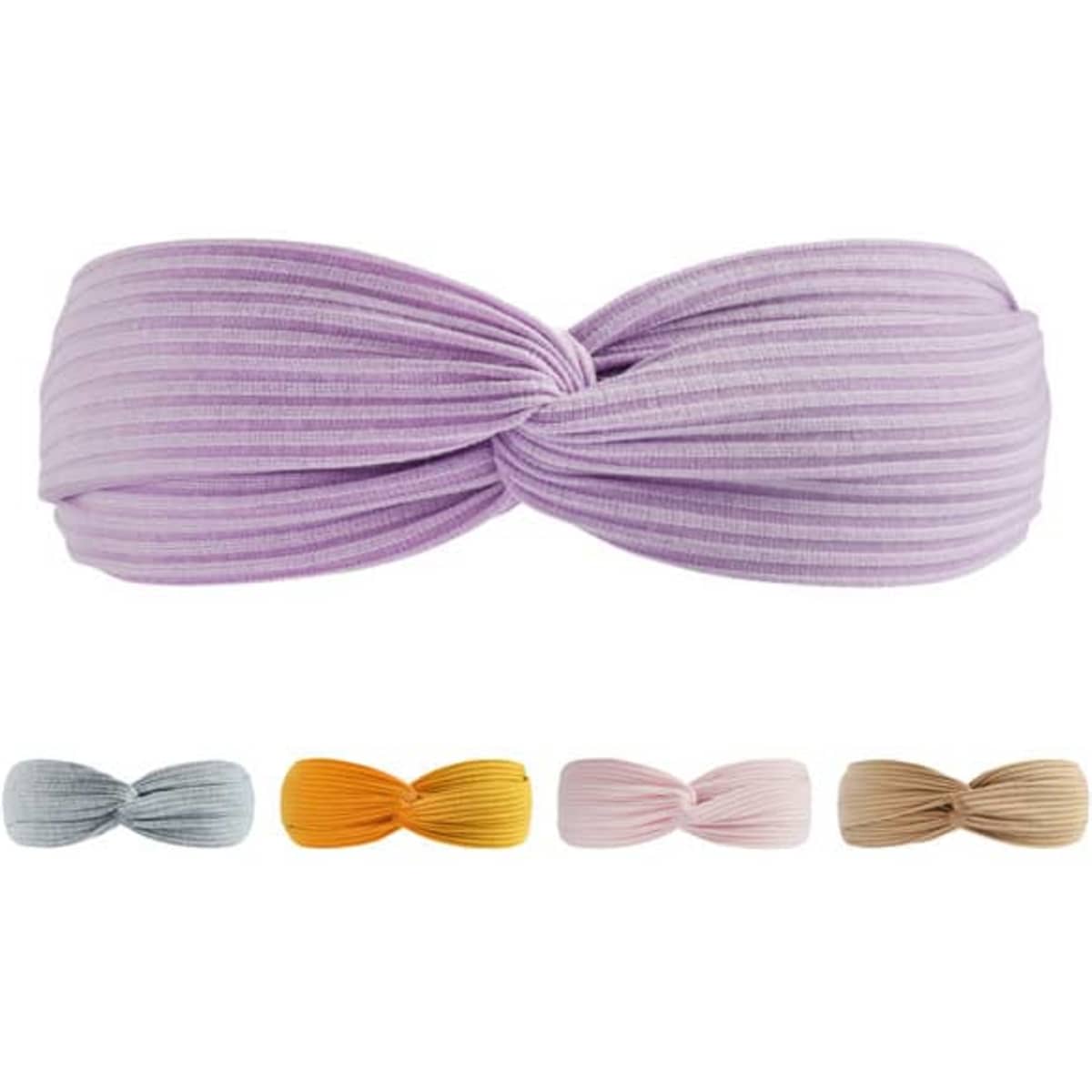 A custom knotted headband in lavender, with other colour options including grey, yellow, blush, and beige. Features branding.
