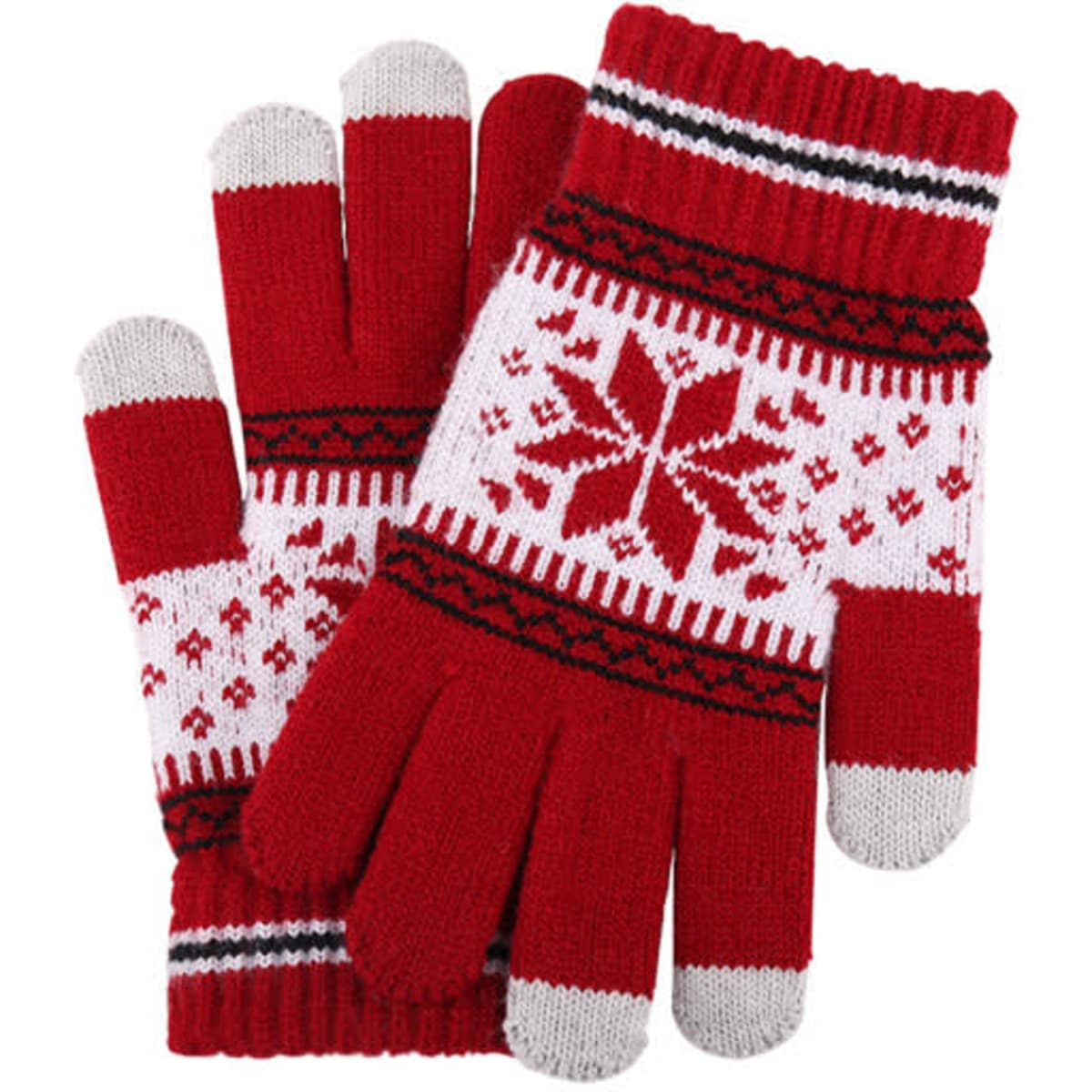 Red and white knitted touchscreen gloves featuring a snowflake design and ribbed cuffs.