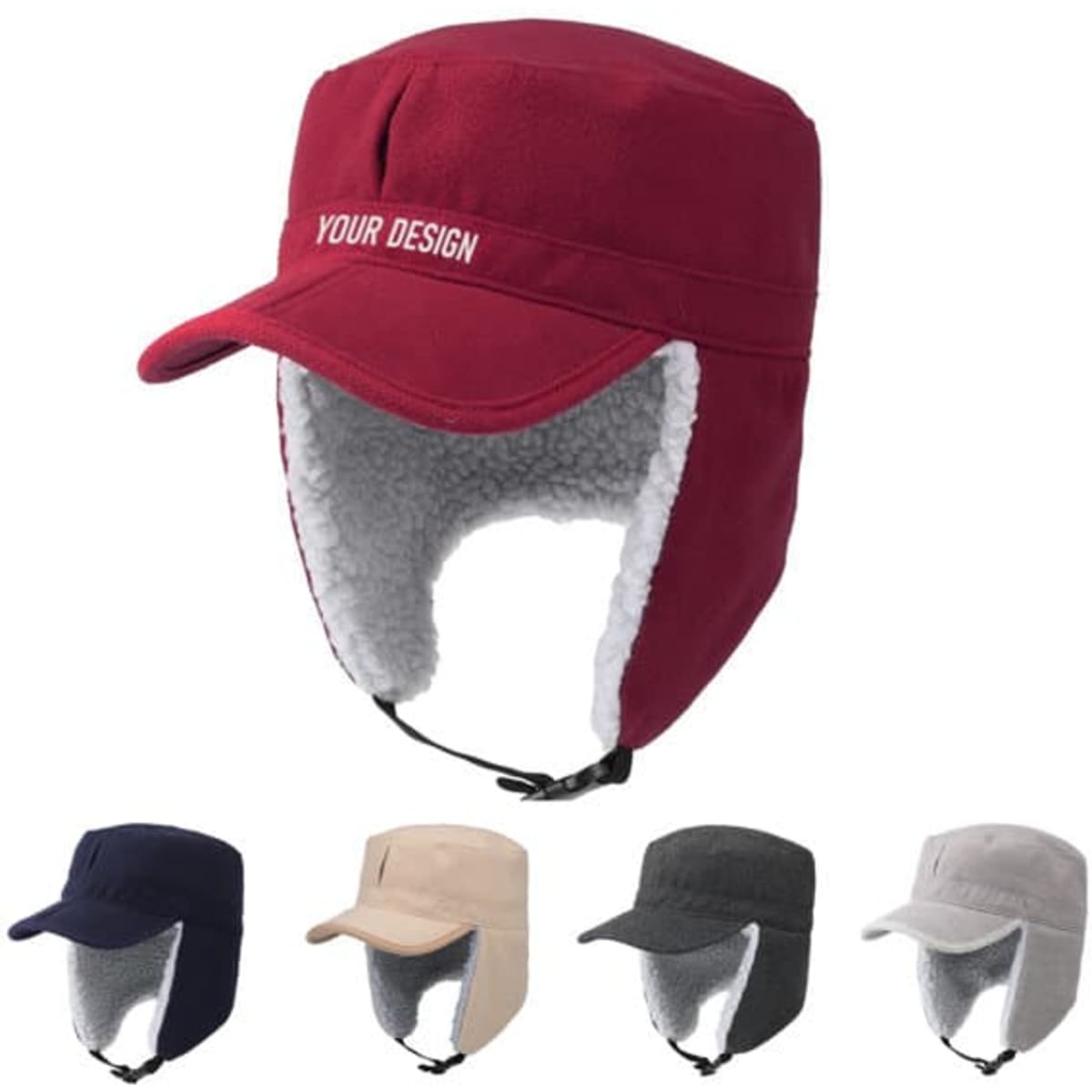 A personalised furry fleece trapper hat in maroon with a soft lining, alongside options in navy, beige, and grey.
