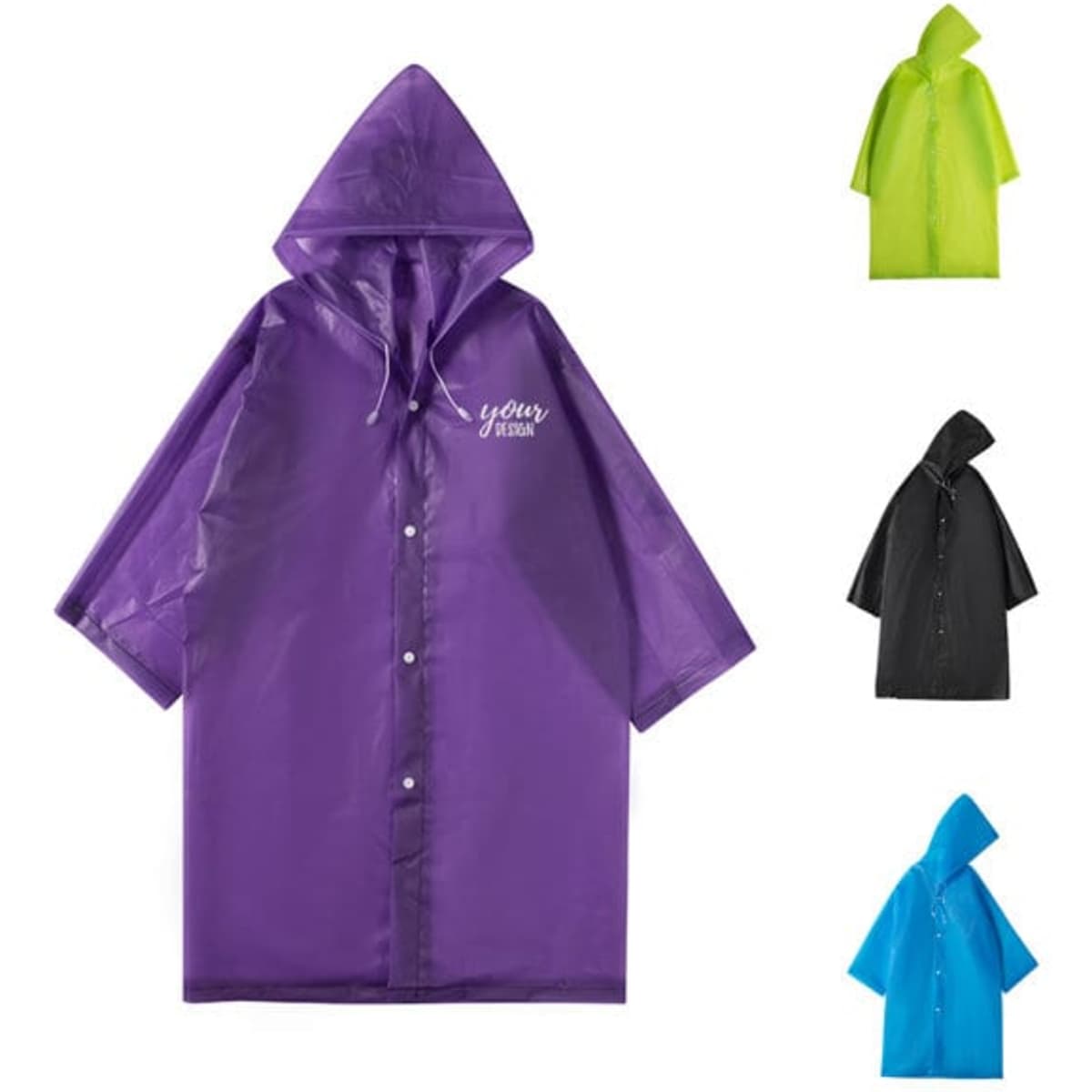 A full-body adult raincoat in purple, with a hood and a logo, displayed alongside green, black, and blue versions.