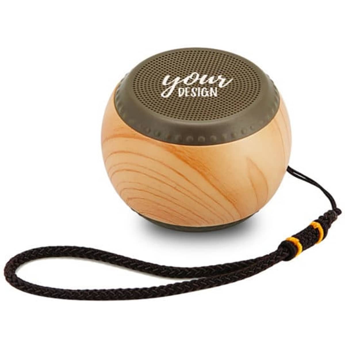 A round, wireless portable speaker with a wood finish and a dark green accent, featuring a logo and a wrist strap.