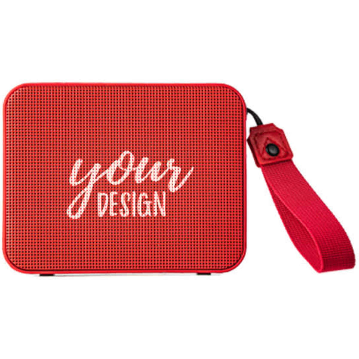 A red mini waterproof speaker with a black strap and a surface designed for personalised branding.
