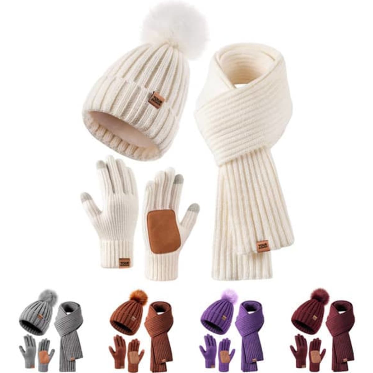 A winter set including a cream bobble hat, cream gloves with a leather patch, and a cream ribbed scarf, along with various colour options.