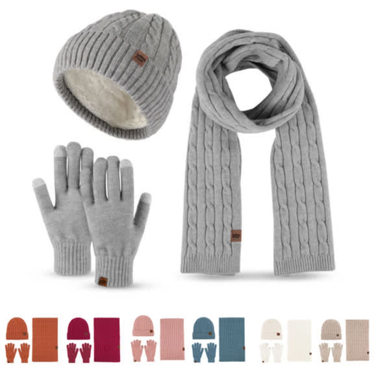 A grey beanie, scarf, and gloves set with a cable knit design, featuring various colour options below.