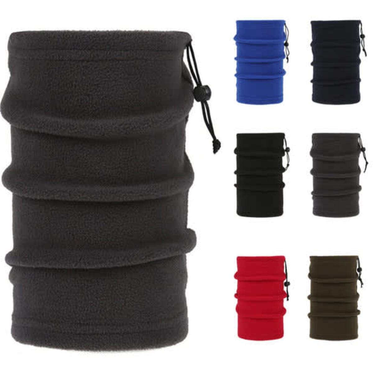 A collection of multifunctional neck gaiters in various colours, including black, blue, red, and green, with an adjustable drawstring.