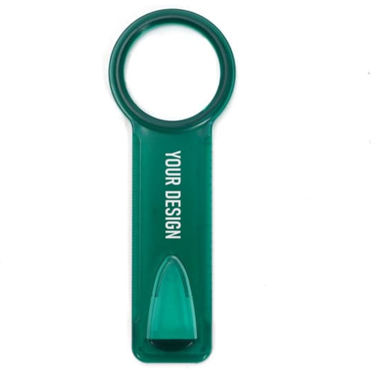 A green bookmark magnifier with a built-in ruler and a space for custom branding.