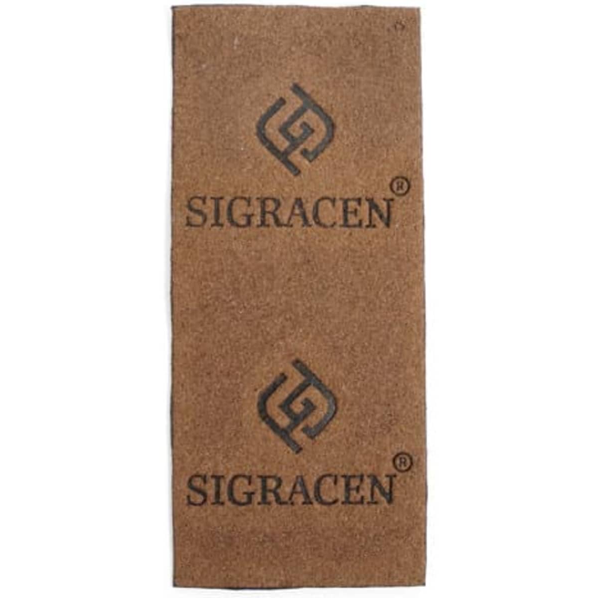 A rectangular brown coir doormat featuring a logo printed in black on both ends.