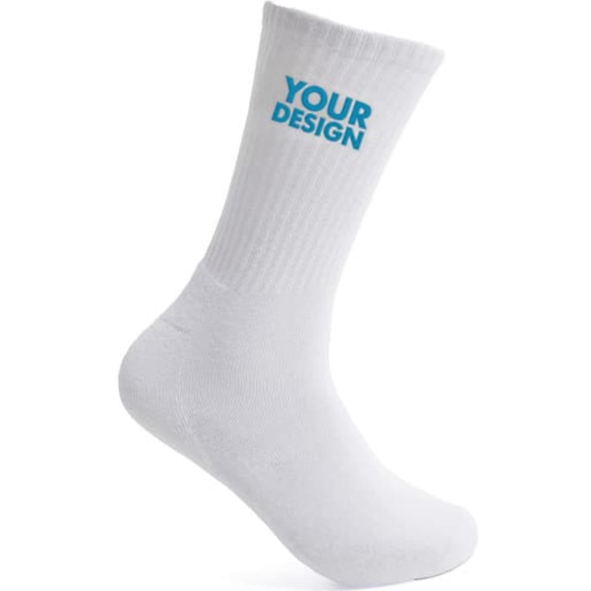A white crew sock with a logo on the side, featuring a customizable area for design.