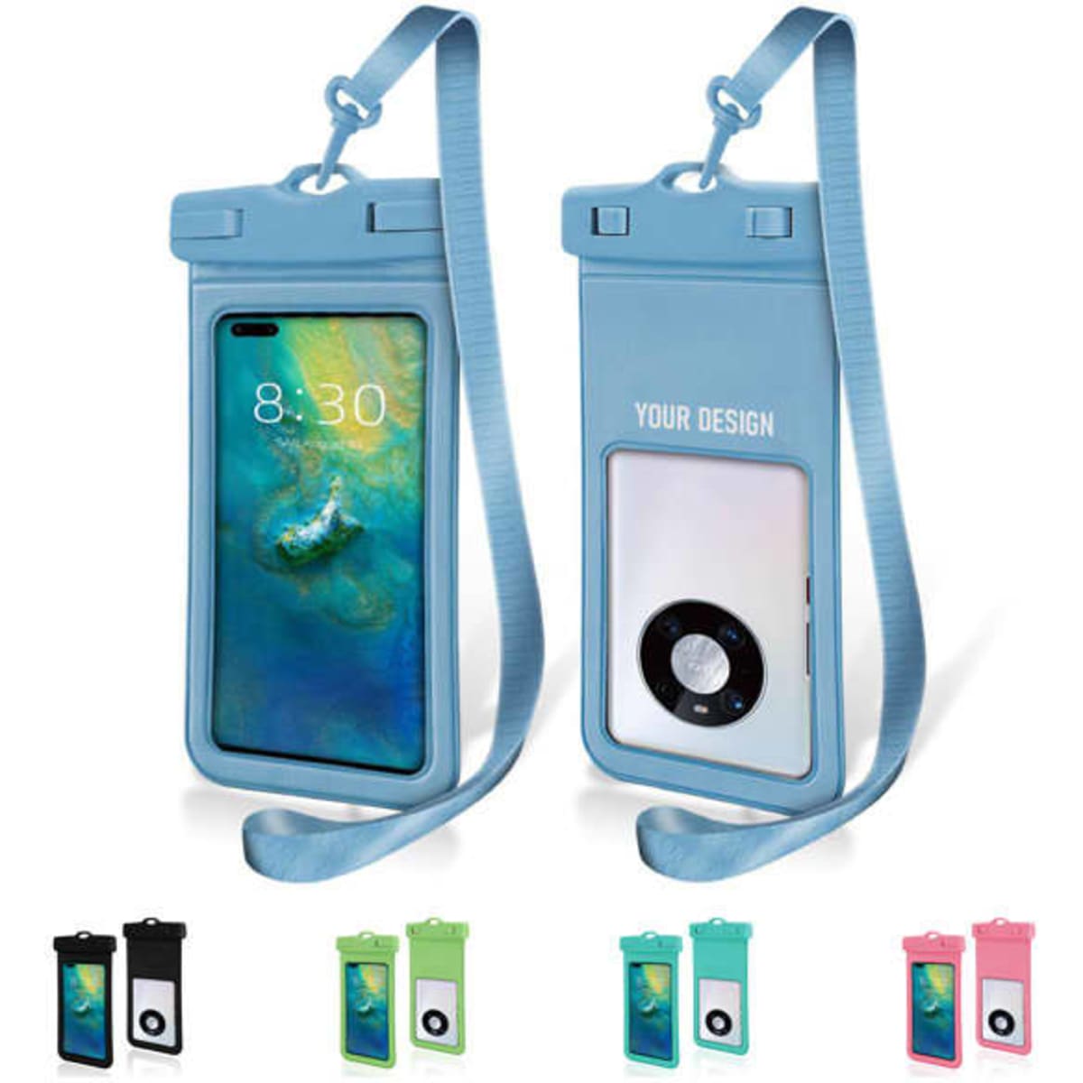 A custom waterproof phone pouch in blue, featuring a transparent front and a strap, available in various colours.