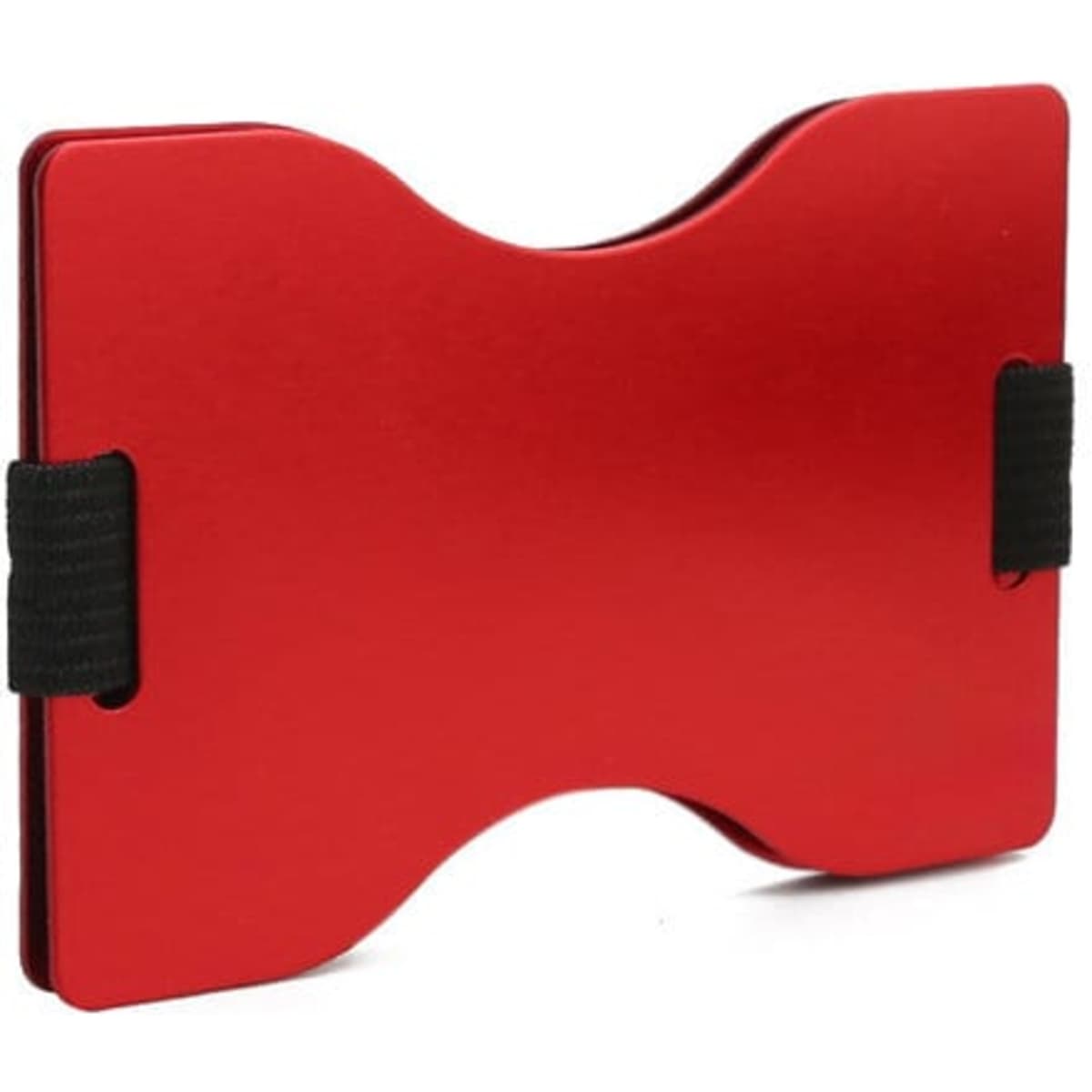 A red RFID-blocking credit card holder wallet with a sleek design and black elastic bands on the sides.