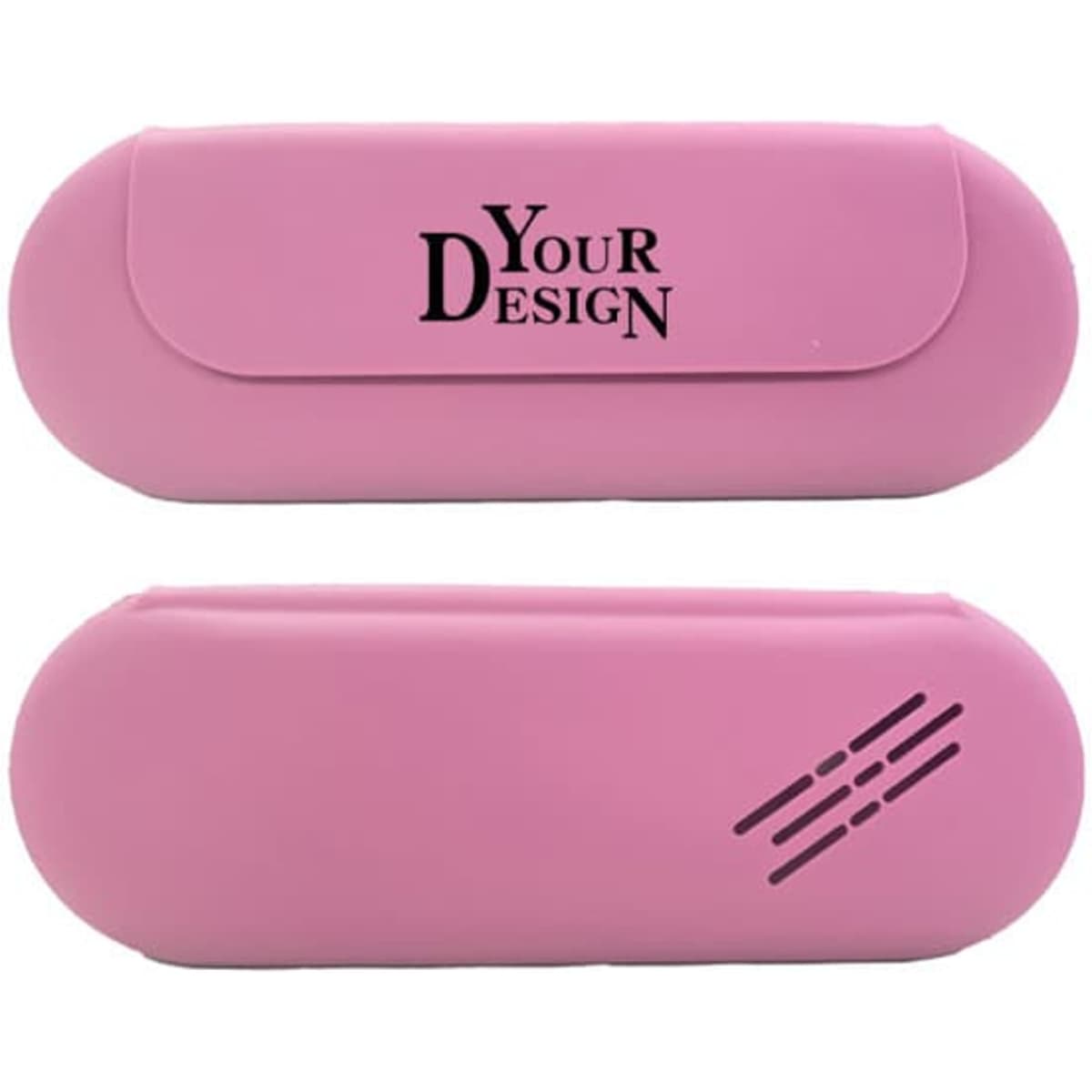 A pink silicone makeup brush holder with a lid and a logo design. The holder features ventilation stripes on one side.