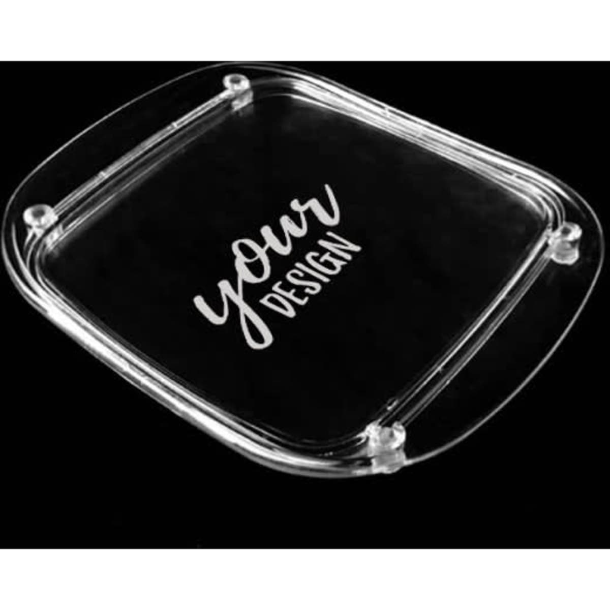 A clear plastic organiser tray with a smooth surface and rounded edges, featuring a logo or branding.
