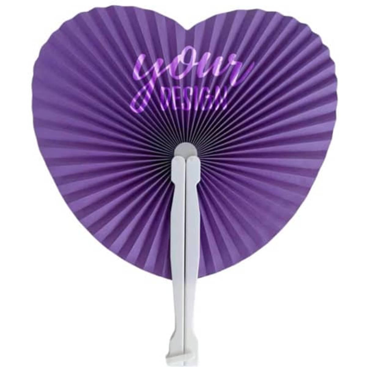 A purple heart-shaped foldable handheld paper fan with a white handle. It features a design that includes text.