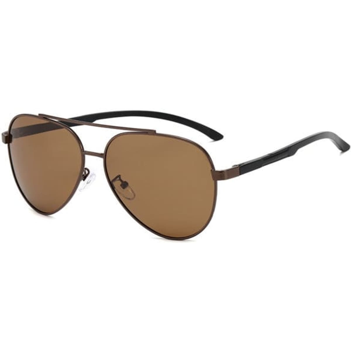 Polarised aviator sunglasses featuring a brown lens and a sleek black frame with a logo on the side.