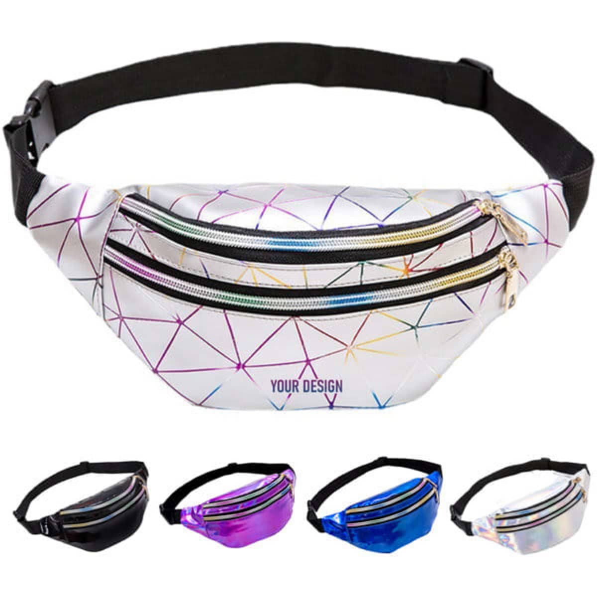 A custom waterproof waist bag in white with a geometric design, featuring multiple zippered compartments and a black strap.