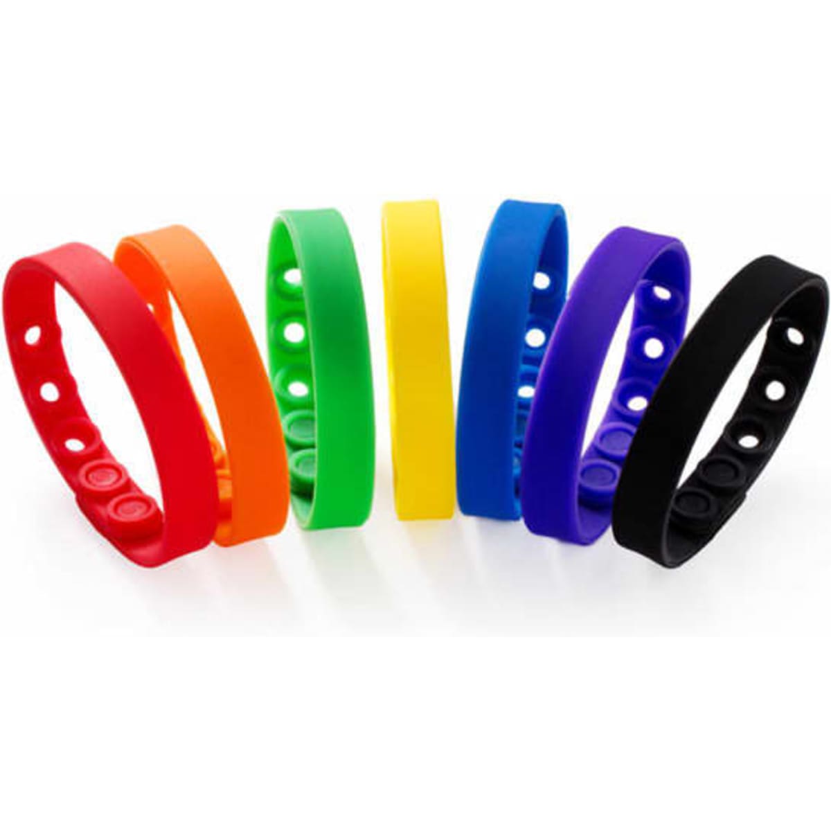 A collection of adjustable silicone wristbands in red, orange, yellow, green, blue, purple, and black, with buttons and branding.