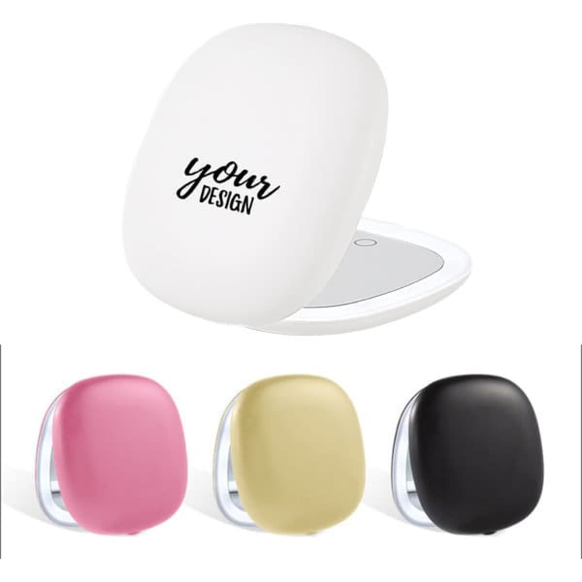 A portable folding LED mirror in white, with additional mirrors in pink, gold, and black, featuring a logo.