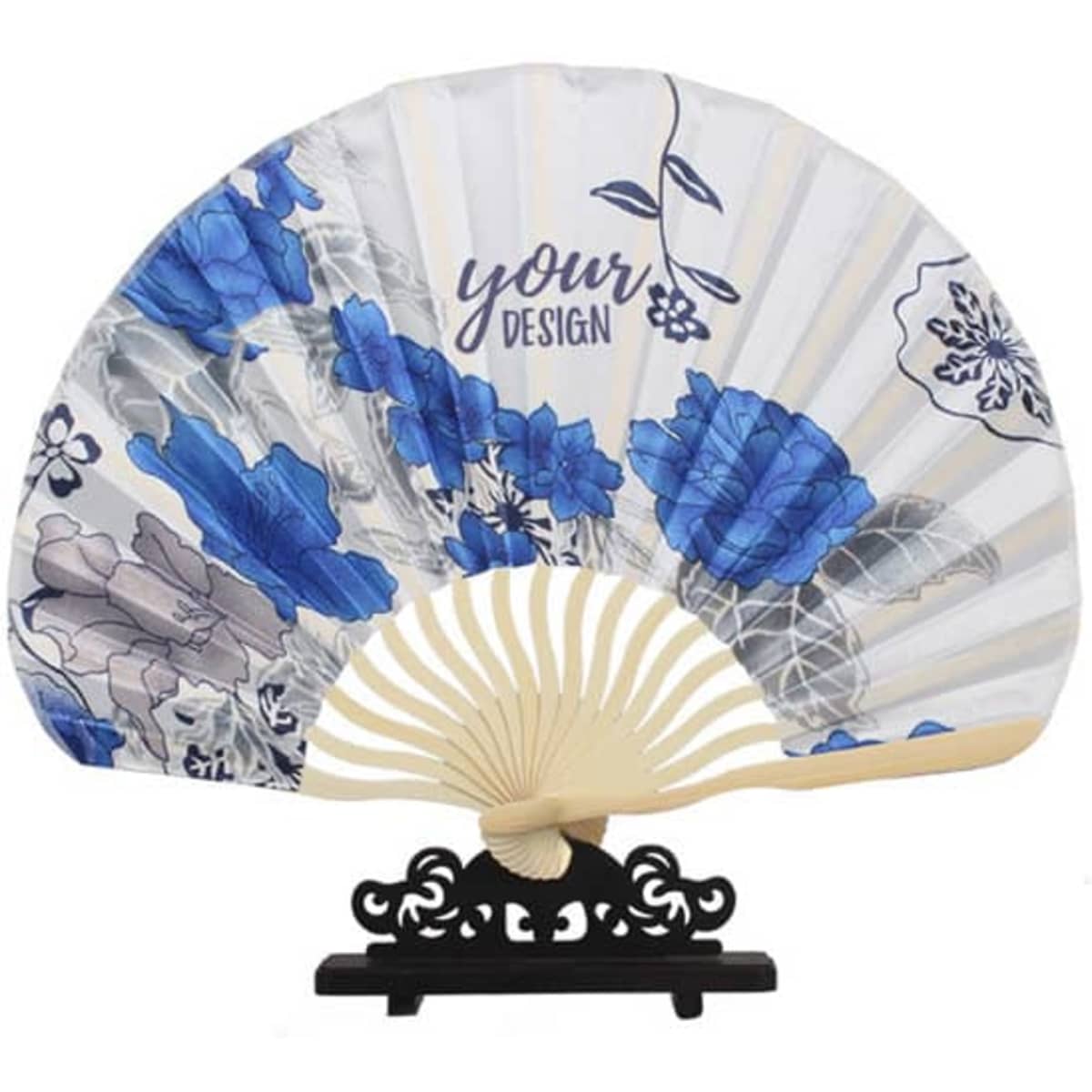 A folding hand fan featuring a colourful floral design in blue and white, with a decorative black stand.