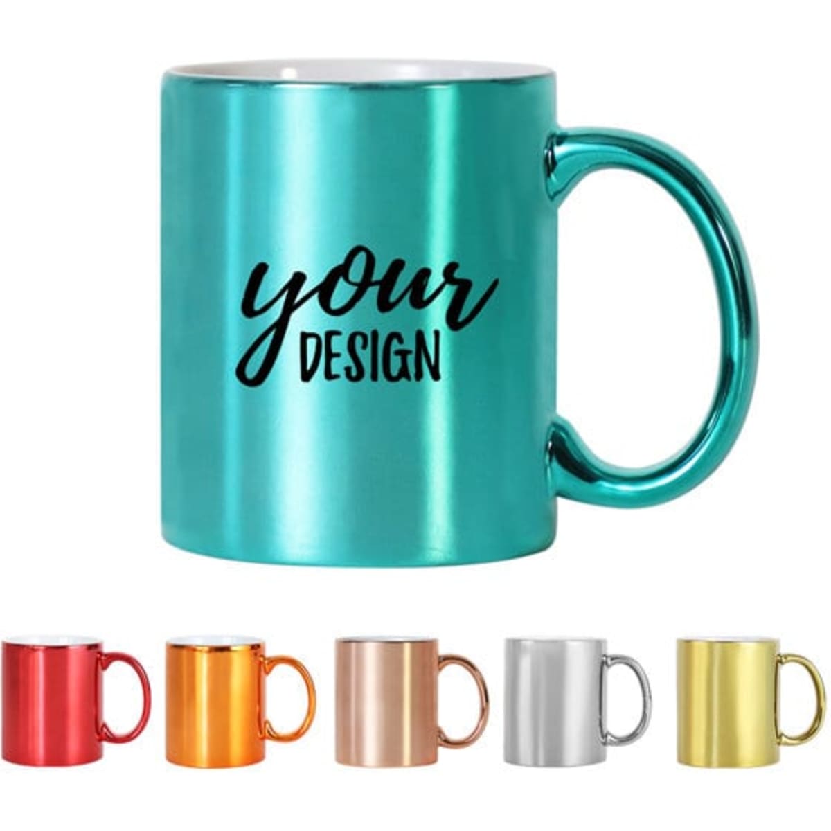 A ceramic coffee mug in teal with a contrasting handle, accompanied by mugs in red, orange, silver, and gold.