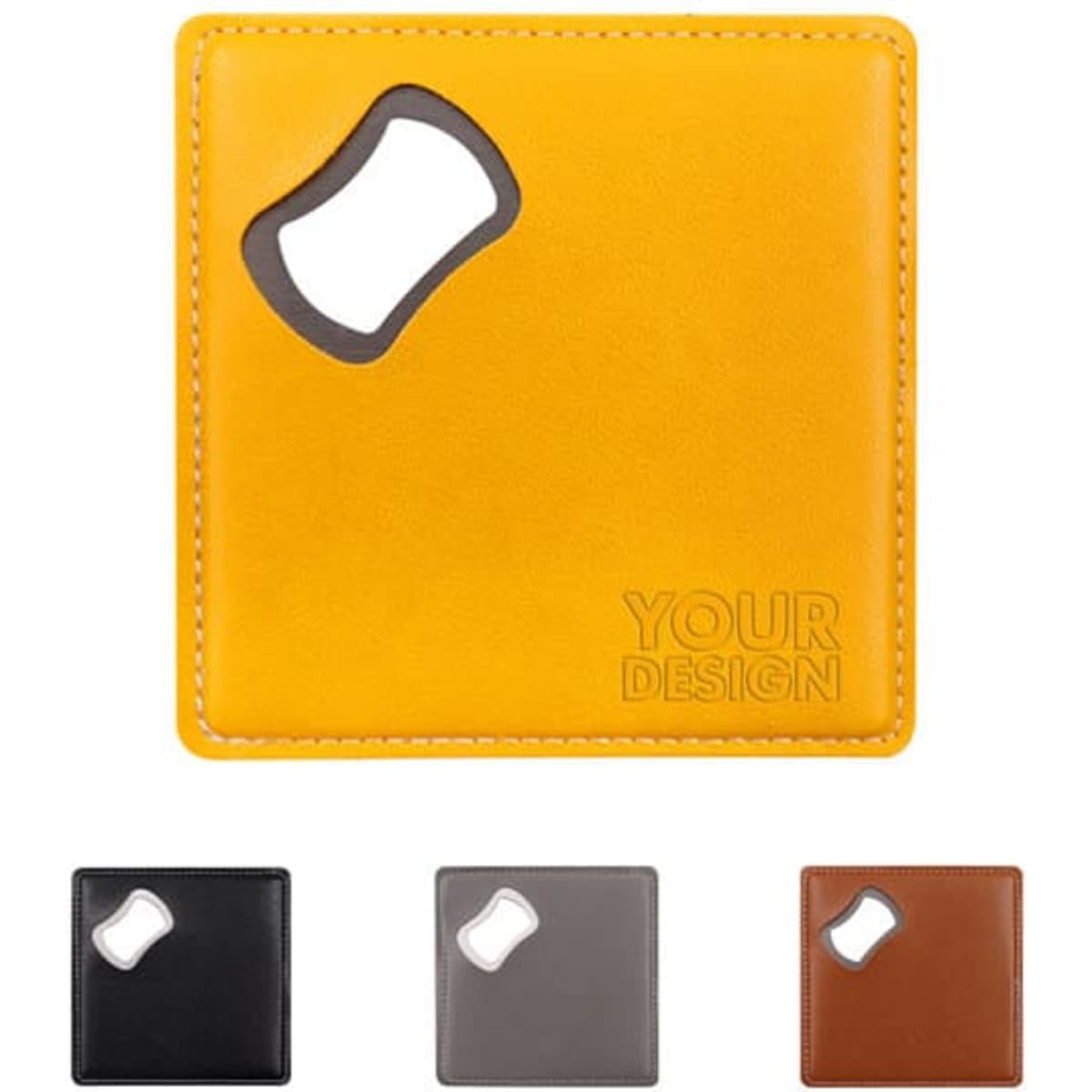 A drink bottle opener coaster featuring a yellow outer with a cut-out opener, alongside black, grey, and brown coasters.