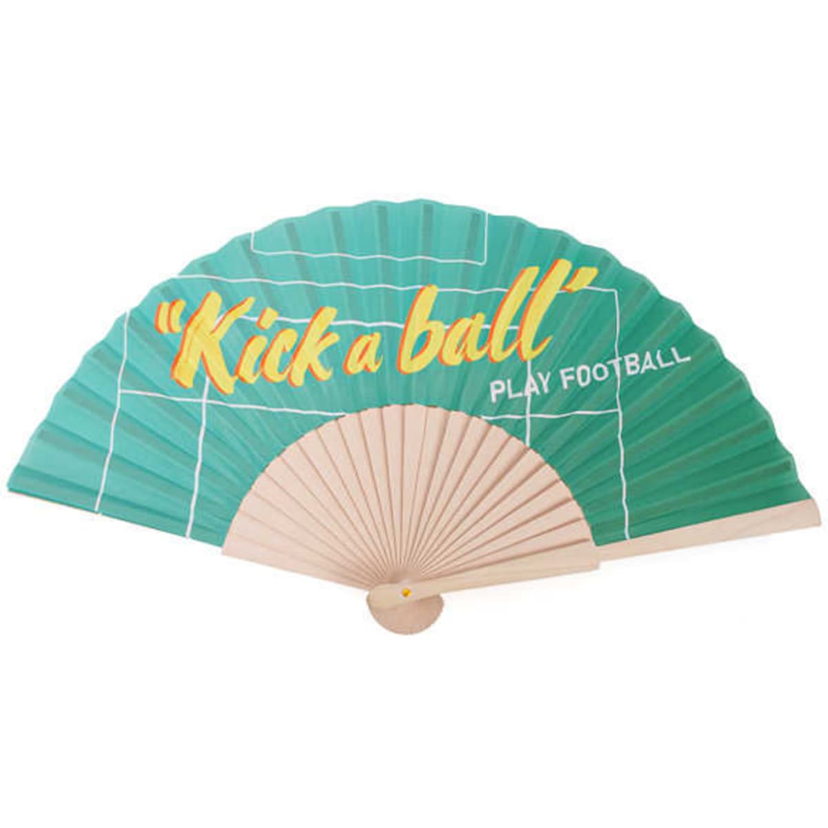 A custom handheld fan in green with a wooden handle and a logo. Features "Kick a ball" design.