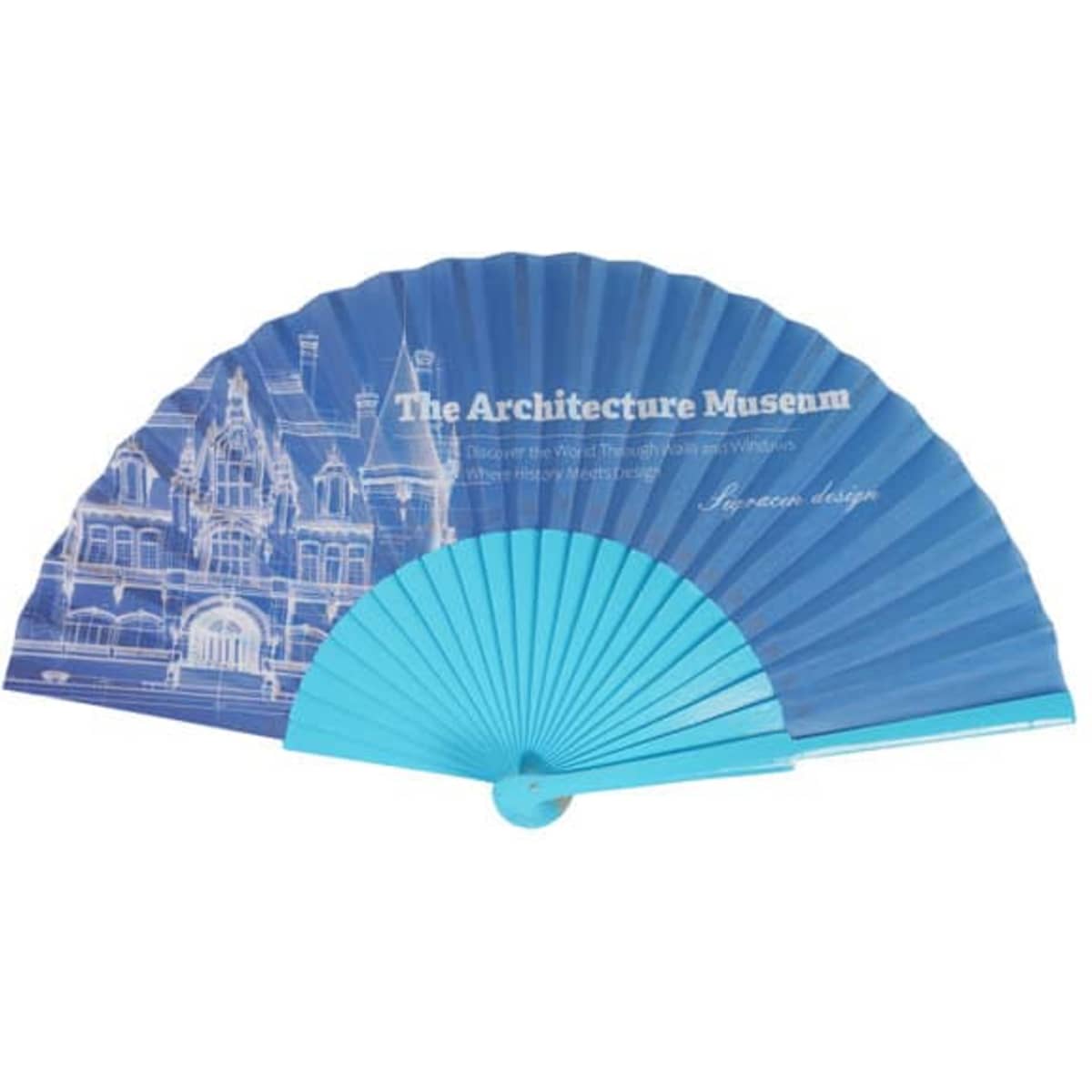 A wooden folding hand fan in shades of blue, featuring architectural designs and a logo.