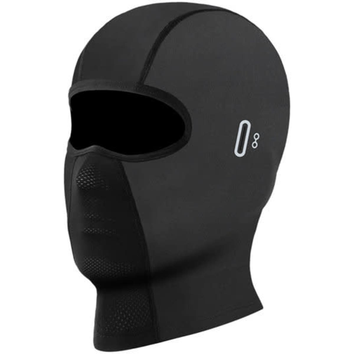 A black custom balaclava ski mask with a seamless design and a logo on the side.