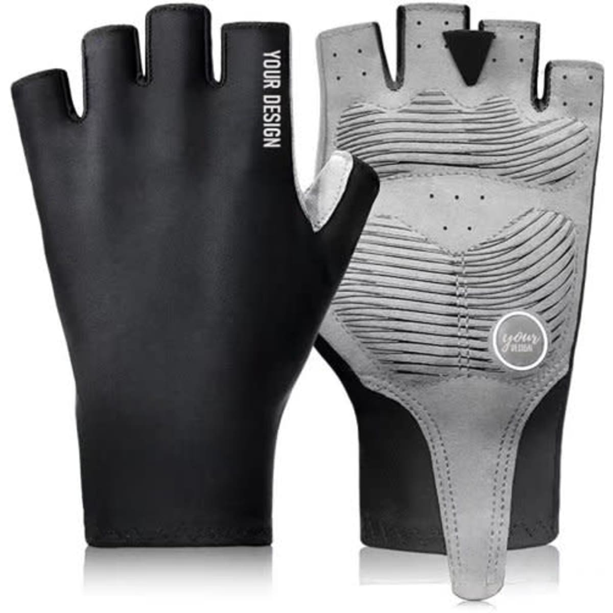 Half finger cycling gloves in black and grey, featuring a textured palm and a logo. Designed for comfort and grip.