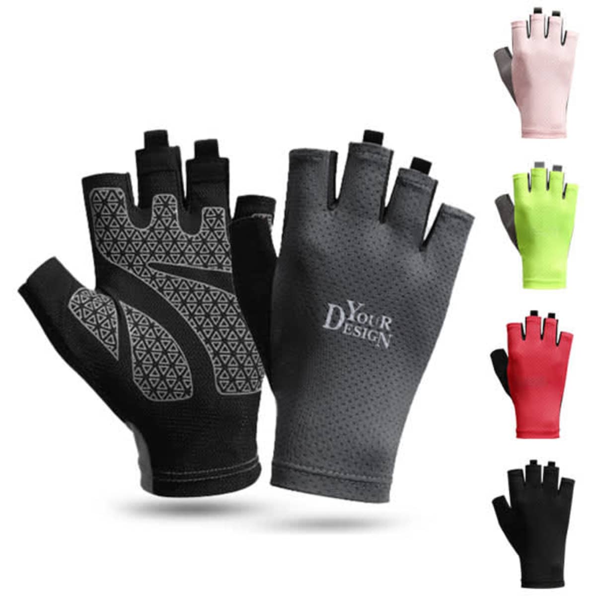 Fingerless cycling gloves in black and grey, with additional colours including pink and green. Features a branding logo.