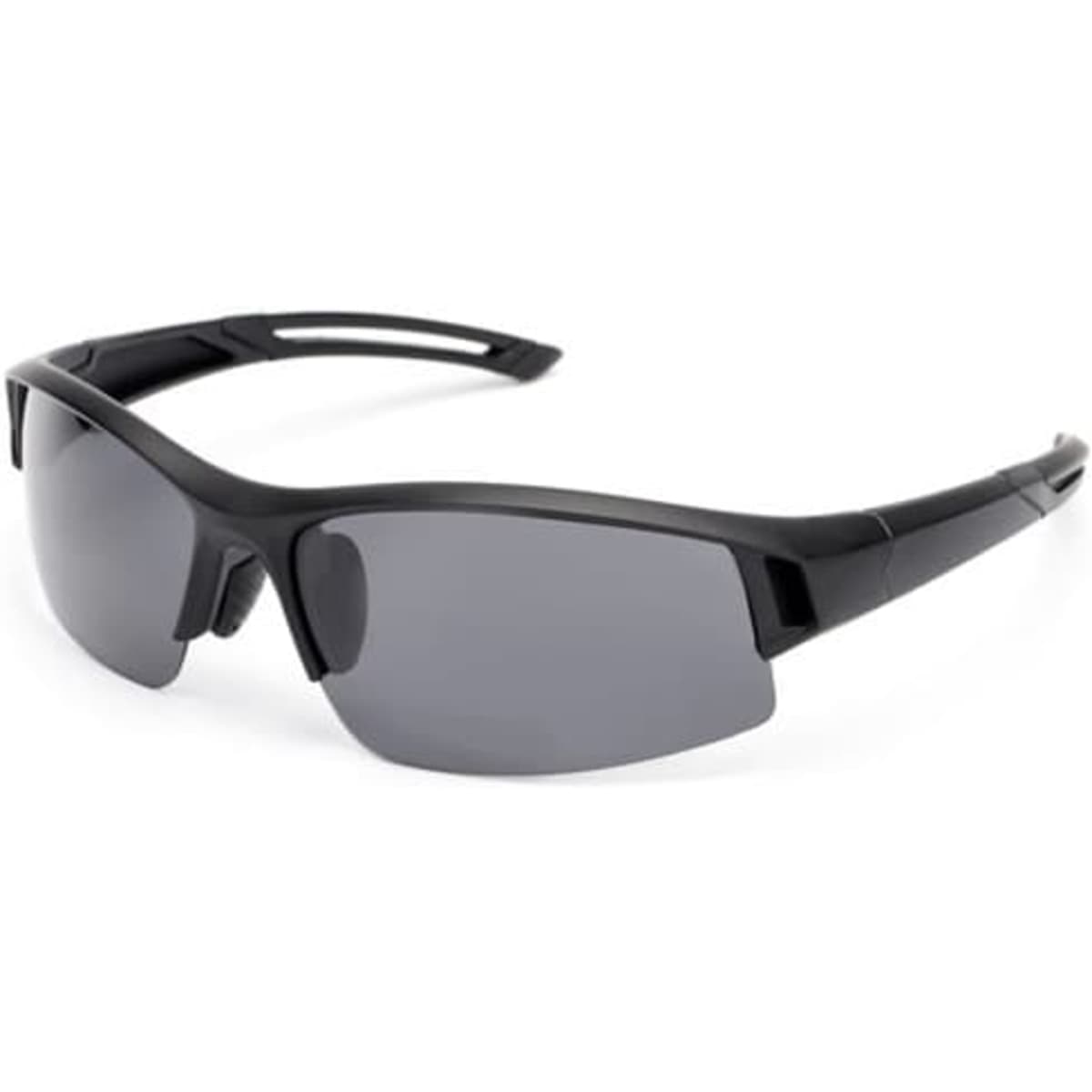 A pair of black outdoor riding glasses with grey lenses and a sporty design, featuring a logo.