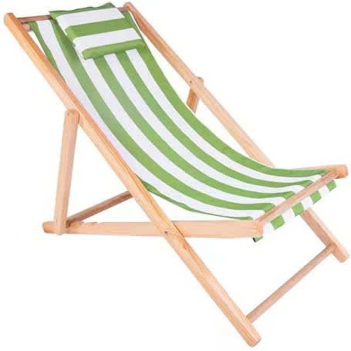 A foldable outdoor beach chair with green and white stripes and a wooden frame. It features a headrest and a logo.
