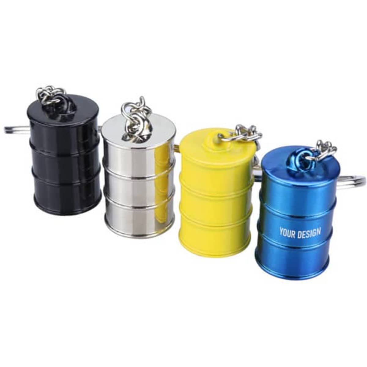 A set of four key chains shaped like mini oil buckets in black, silver, yellow, and blue, each with a keyring attachment.