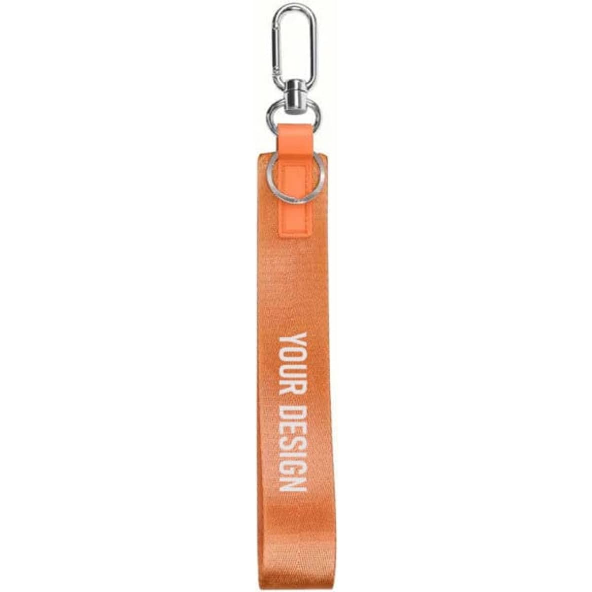An orange custom wristlet lanyard with a metal clip and ring, featuring a blank space for personal design.