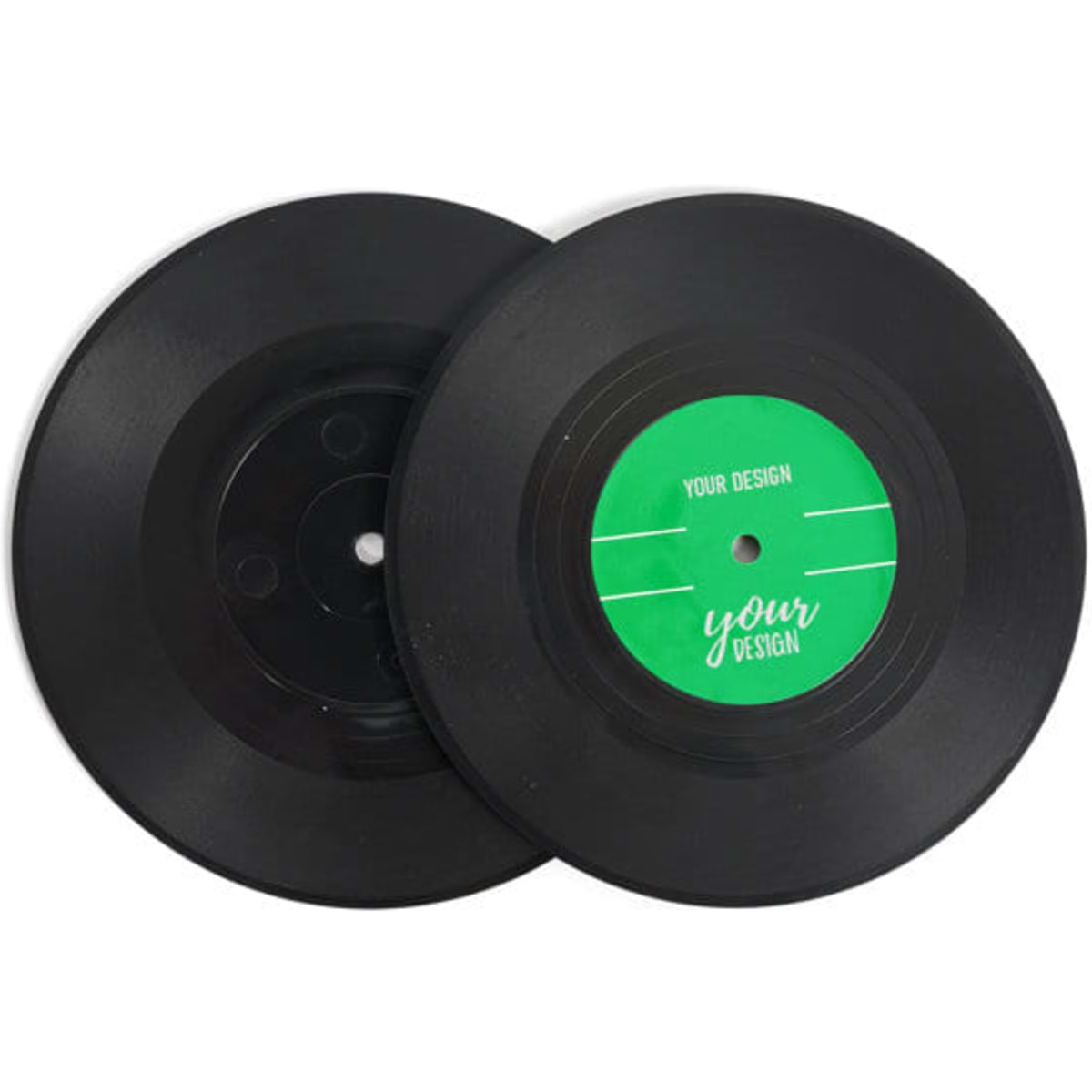 A black custom record coaster featuring a green label design, with space for personalised text.