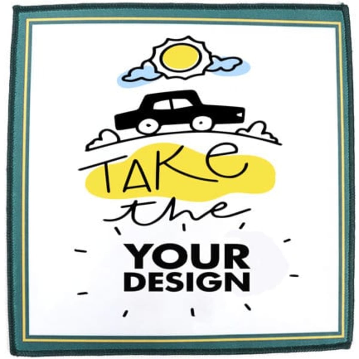 A personalised eyeglass cleaning cloth featuring a car graphic, sun, and abstract shapes in yellow and black.
