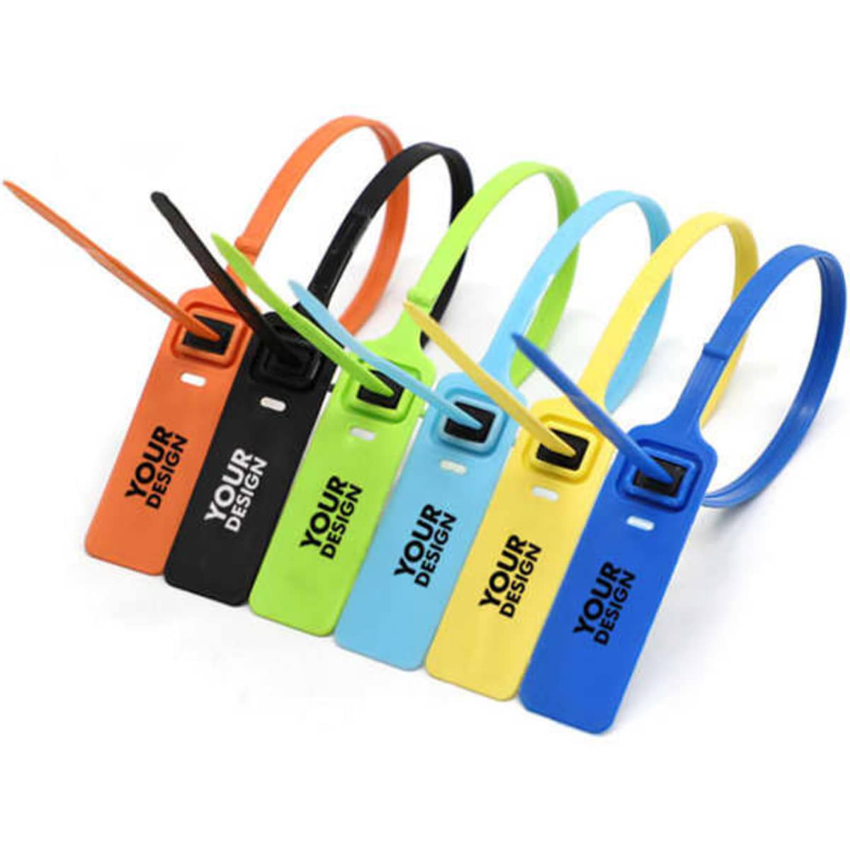 A collection of anti-tamper security tags in orange, black, green, blue, and yellow, featuring various designs.