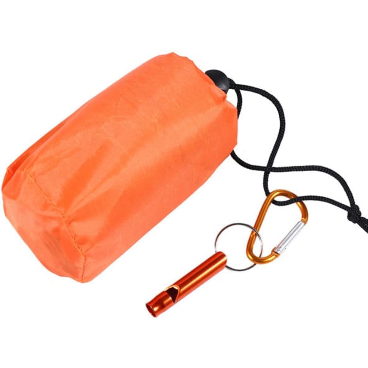 An orange waterproof thermal survival bivy bag with a drawstring and a carabiner attached. It includes a whistle.