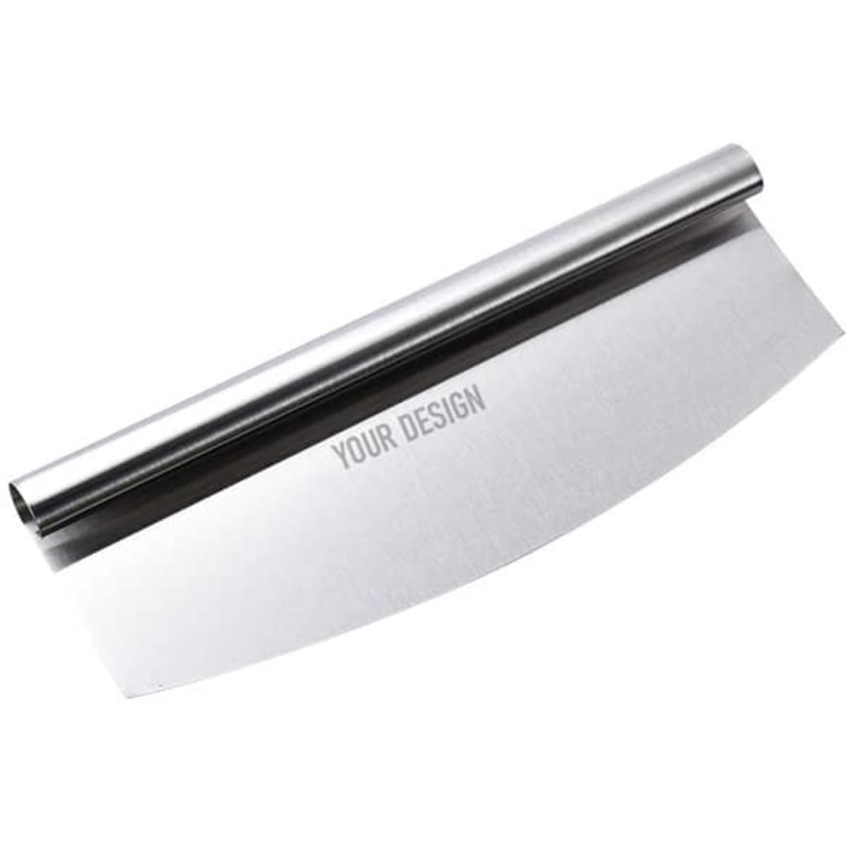 A stainless steel pizza cutter with a curved blade and a handle, featuring a space for custom design.