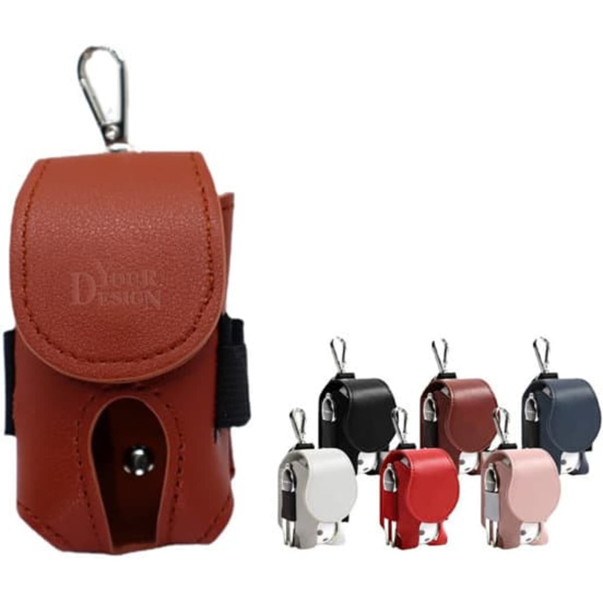 A red PU leather golf holder pouch with a clip, accompanied by smaller pouches in various colours: black, white, pink, and more.