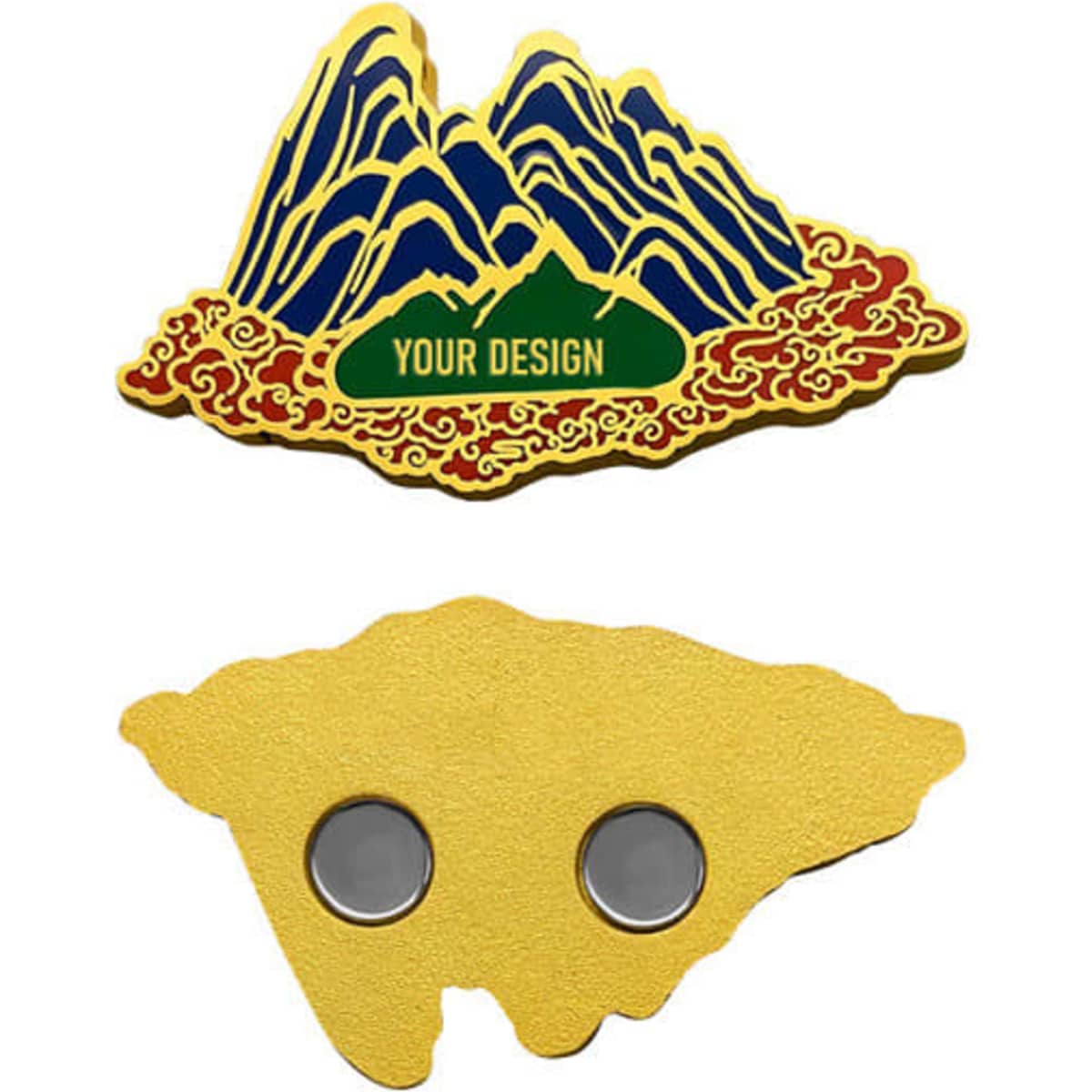 A metal fridge magnet featuring a mountain design in blue and gold, with a green area for customisation.