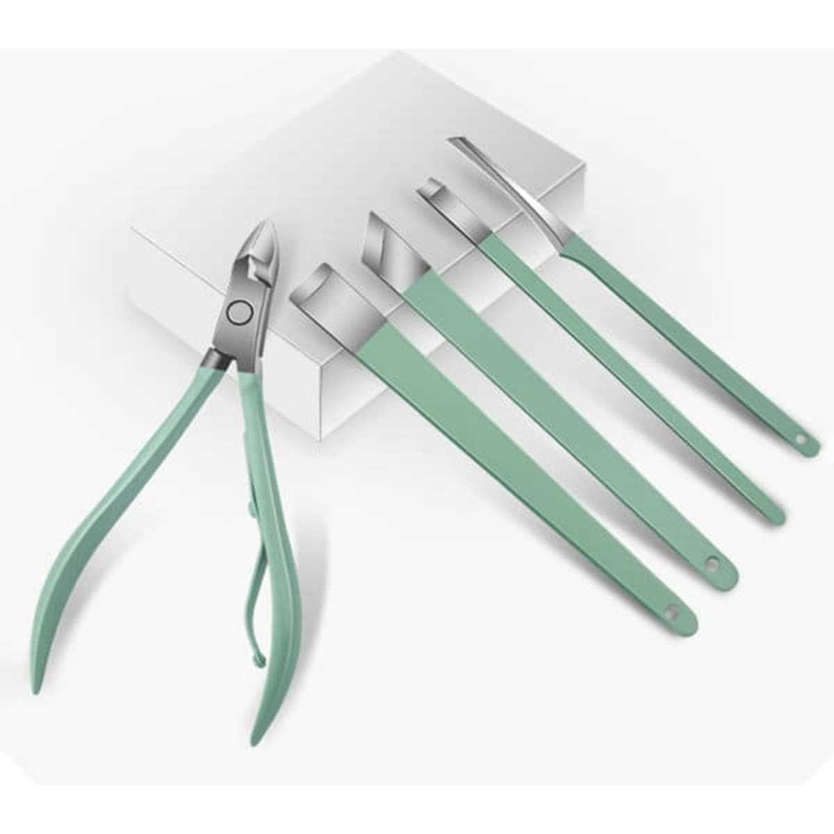 A mint green nail clipper kit with stainless-steel tools, packaged in a white box.