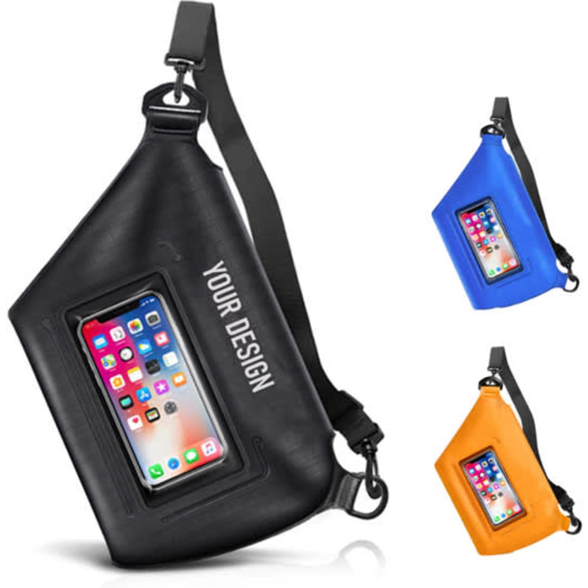 A waterproof dry crossbody bag in black, blue, and orange, featuring a logo and a clear window for phone display.