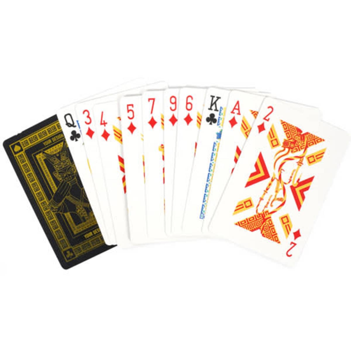 A set of playing cards featuring a black core design, with red and white patterns, and a black card at the back.