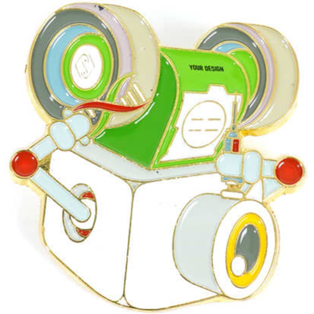 A custom metal lapel pin featuring a green and white robot design with colourful details and a gold outline.