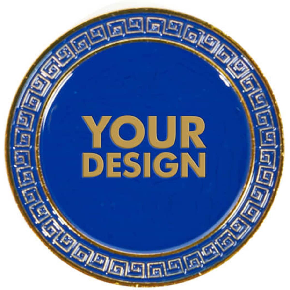 A round plate with a blue background, featuring a decorative gold border and space for a custom design.
