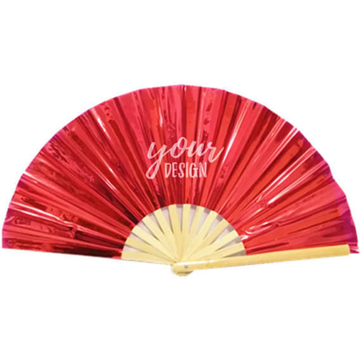 A red PVC folding fan with a wooden handle, featuring a space for custom design. It has a shiny, reflective finish.