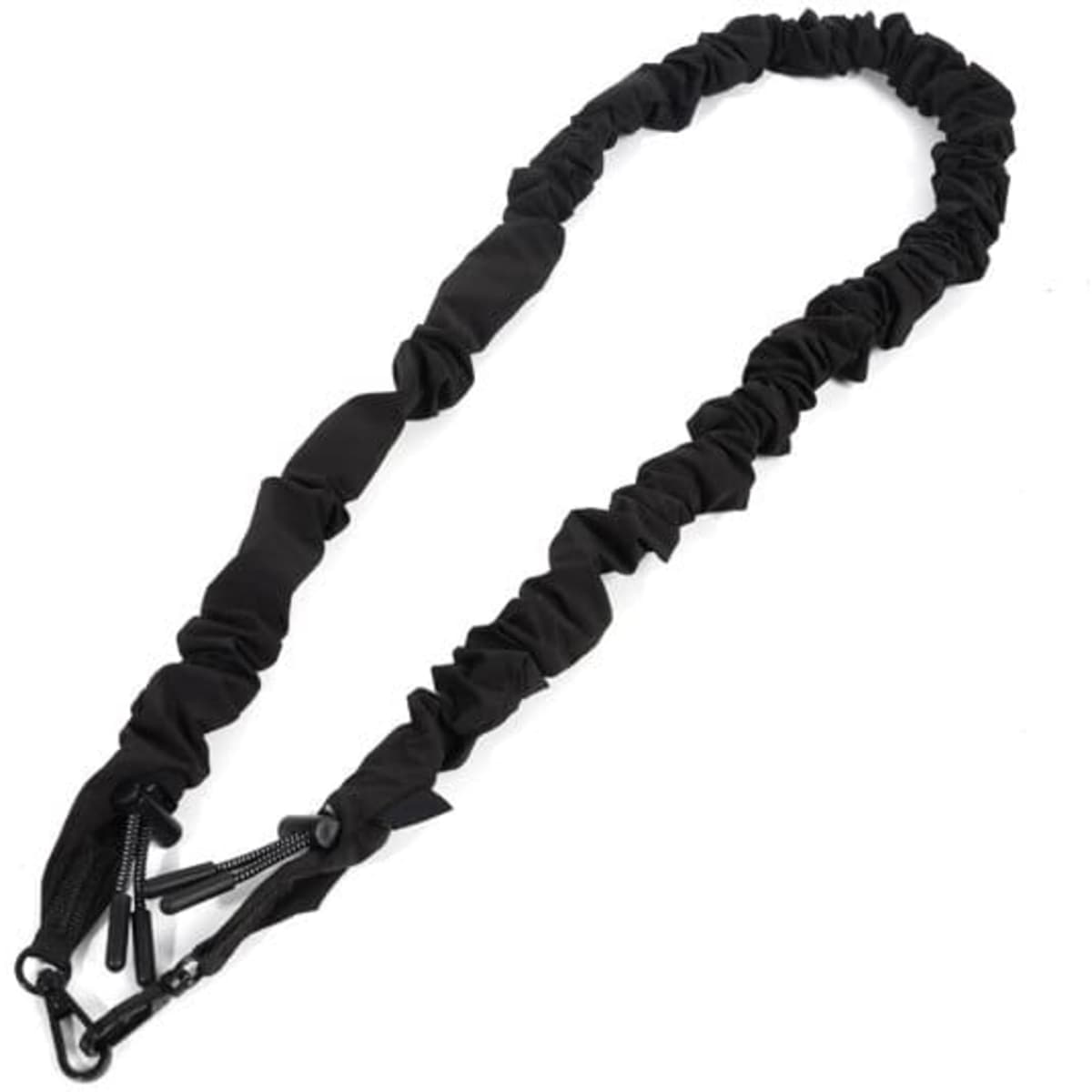 A black scrunchie-style crossbody phone lanyard with adjustable clips at each end.